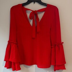 H&M Divided Vibrant Red Blouse with Flare Sleeves and Tie/Bow Detail